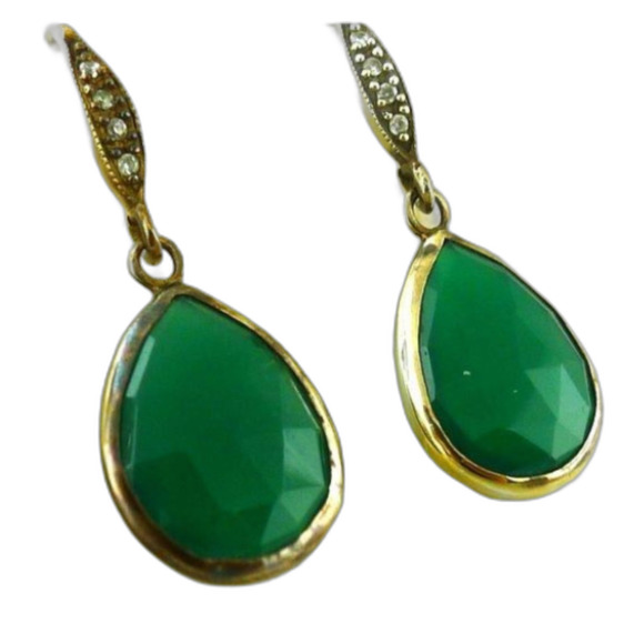 Pear Shaped Green Onyx & CZ 1.25" Sterling Silver Earrings from India - Picture 1 of 5